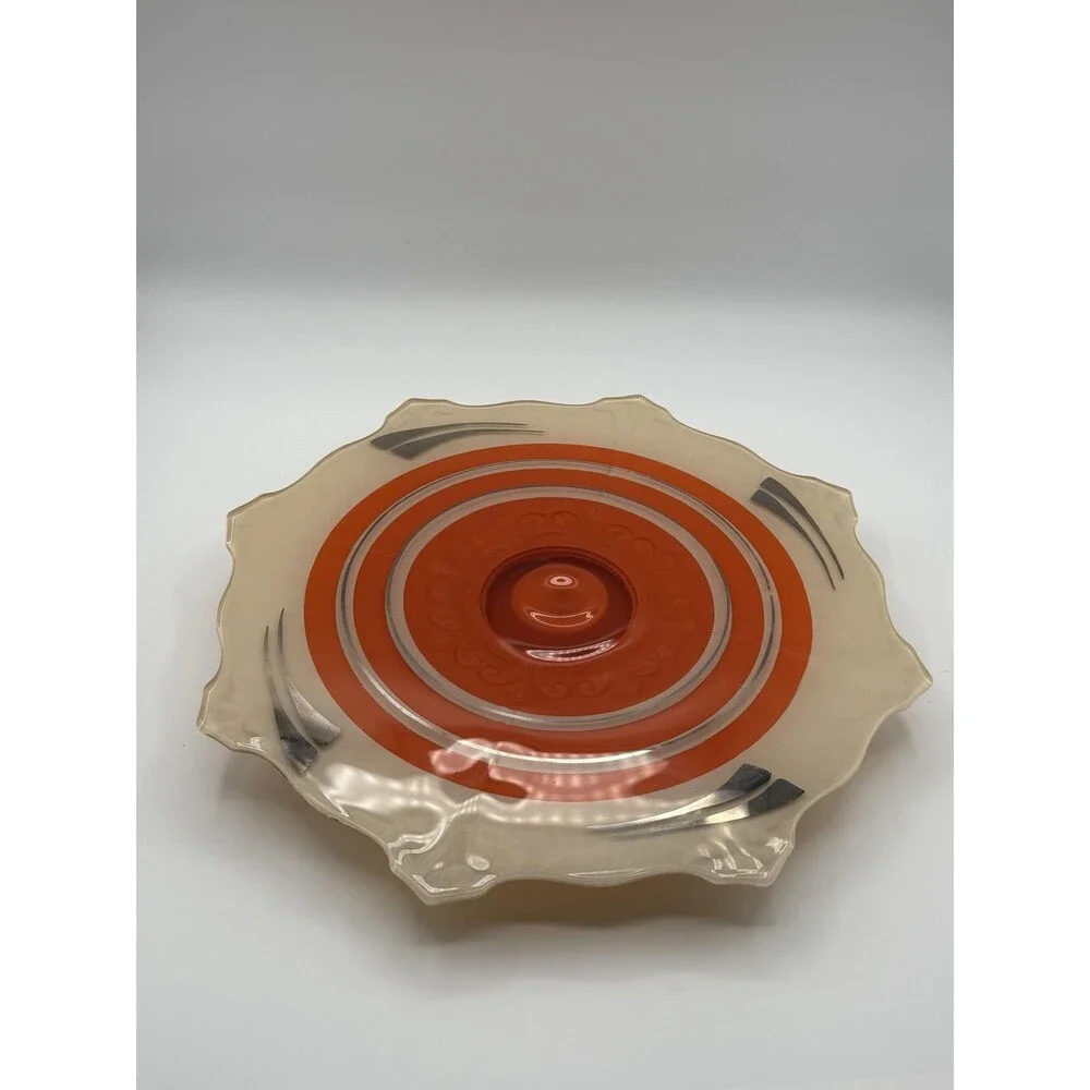 Vintage Cream Orange Silver Serving Platter/Art Deco Reverse Painted Scalloped